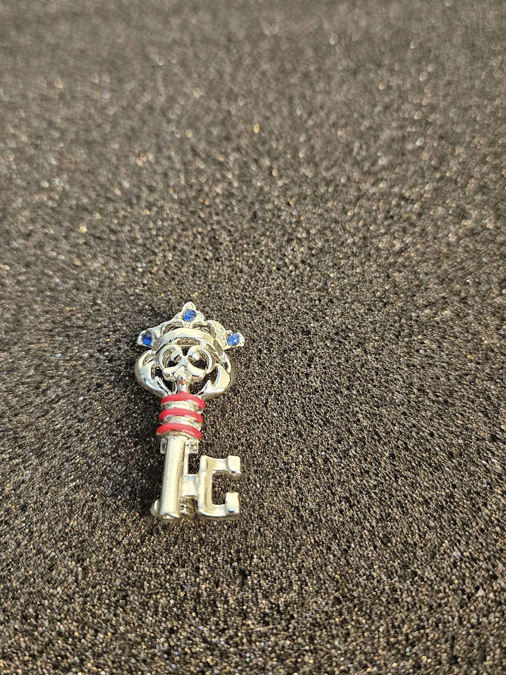 Brooch Crown Key Charm with Blue Stones and Red Accents